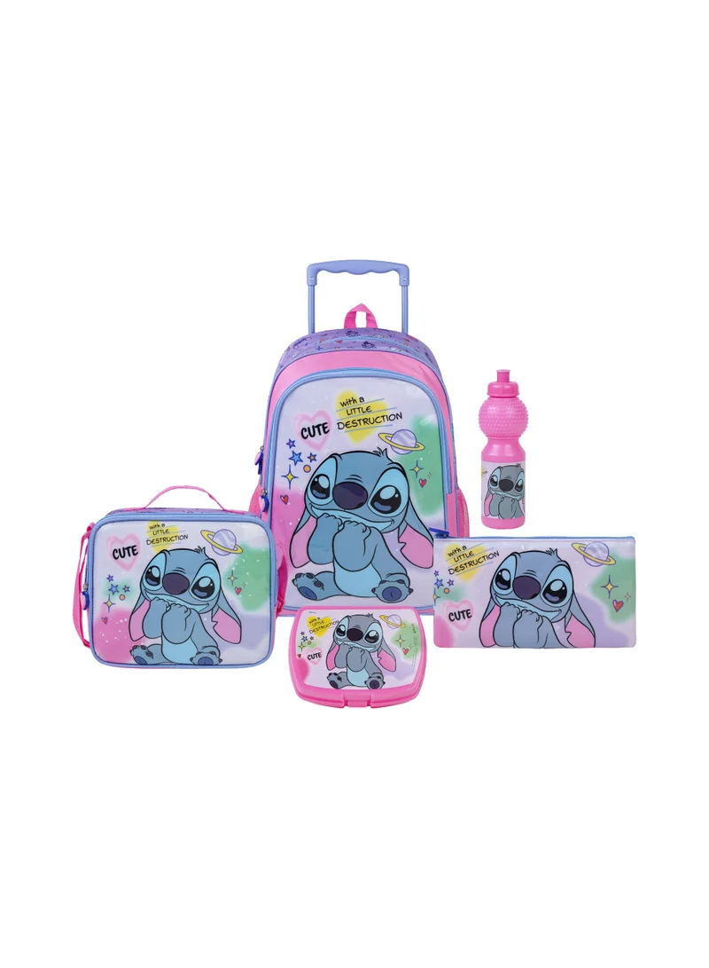 ديزني Disney Stitch 5-in-1 Trolley Backpack Set 18" | School Bag with Lunch Bag, Lunch Box, Water Bottle & Pencil Case