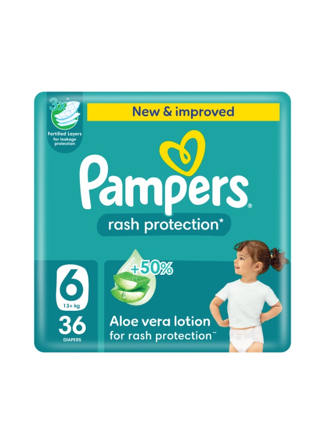 بامبرز حفاضات بيبي دراي بكريم ترطيب من صبار الالوفيرا وحماية من التسرب ، مقاس 6، 13 فما فوق كجم، عبوة من 36 حفاضة. - Image 1