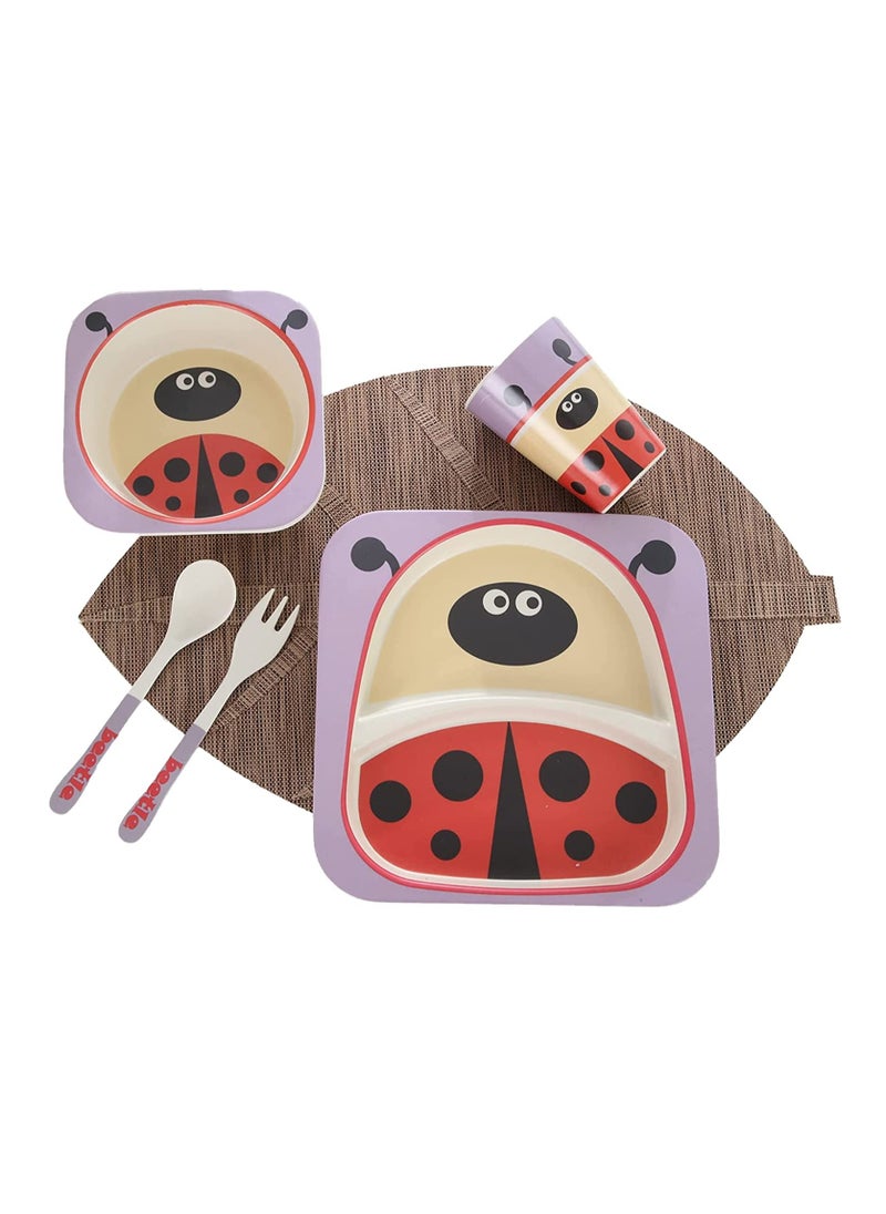Excefore - Bamboo Kids Plate and Bowl Set | Matching Dishes for Toddlers Ages 1+ 5 Piece Divided Dinnerware Includes Plate, Bowl, Cup & Utensils Reusable, BPA Free Dishwasher Safe Toddler Set(Ladybug) - Image 1