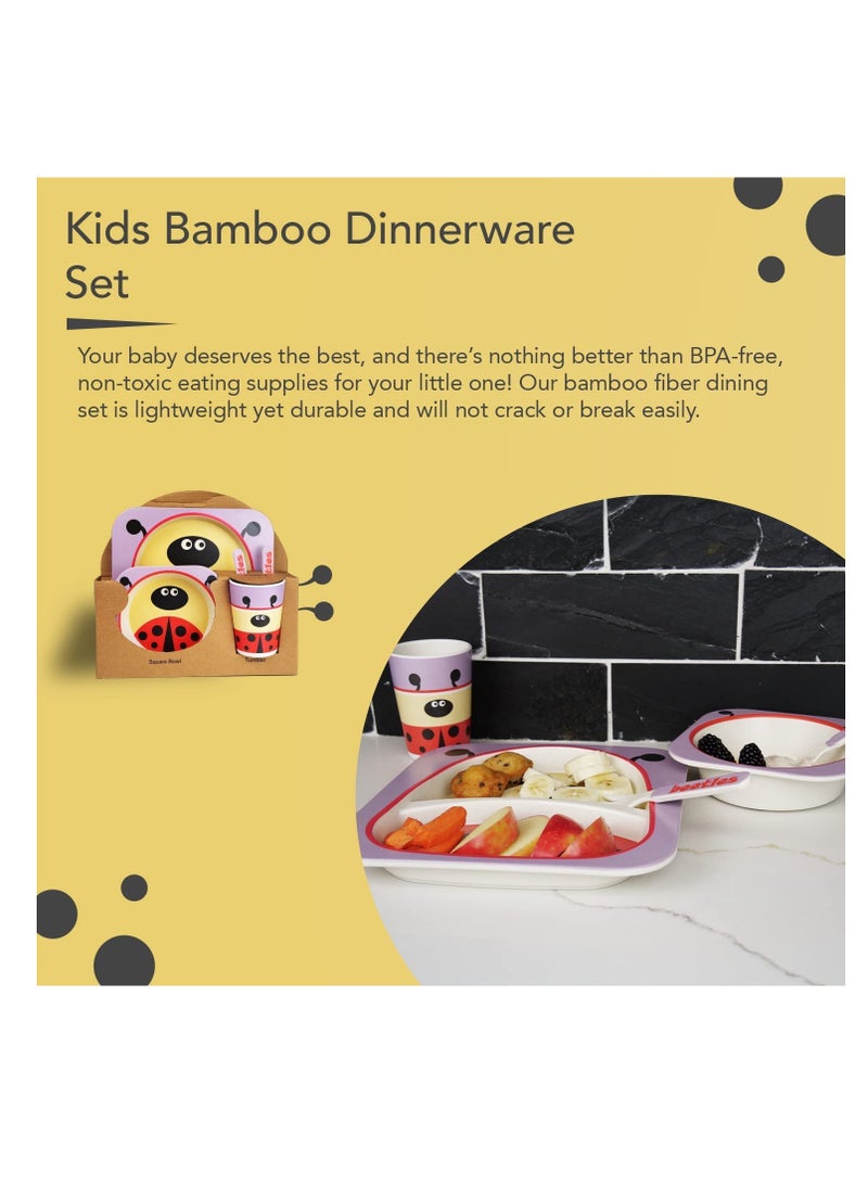 Excefore - Bamboo Kids Plate and Bowl Set | Matching Dishes for Toddlers Ages 1+ 5 Piece Divided Dinnerware Includes Plate, Bowl, Cup & Utensils Reusable, BPA Free Dishwasher Safe Toddler Set(Ladybug) - Image 1