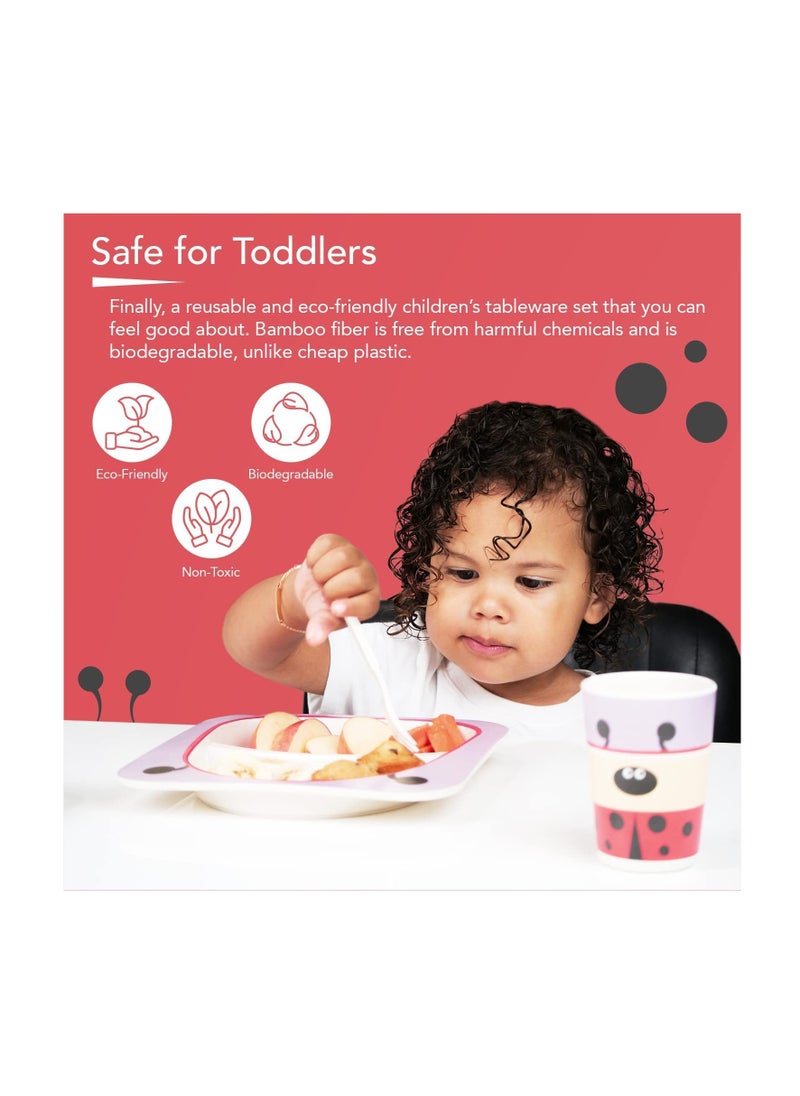 Excefore - Bamboo Kids Plate and Bowl Set | Matching Dishes for Toddlers Ages 1+ 5 Piece Divided Dinnerware Includes Plate, Bowl, Cup & Utensils Reusable, BPA Free Dishwasher Safe Toddler Set(Ladybug) - Image 1