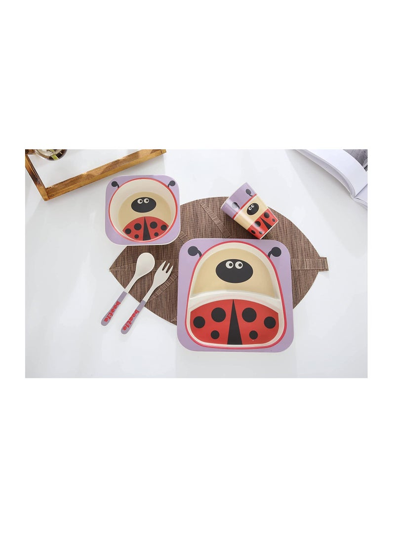 Excefore - Bamboo Kids Plate and Bowl Set | Matching Dishes for Toddlers Ages 1+ 5 Piece Divided Dinnerware Includes Plate, Bowl, Cup & Utensils Reusable, BPA Free Dishwasher Safe Toddler Set(Ladybug) - Image 1