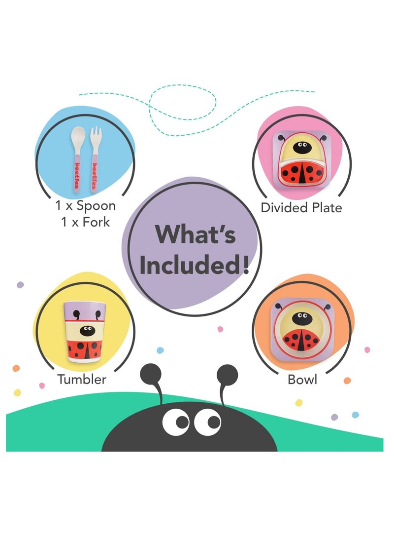 Excefore - Bamboo Kids Plate and Bowl Set | Matching Dishes for Toddlers Ages 1+ 5 Piece Divided Dinnerware Includes Plate, Bowl, Cup & Utensils Reusable, BPA Free Dishwasher Safe Toddler Set(Ladybug) - Image 1