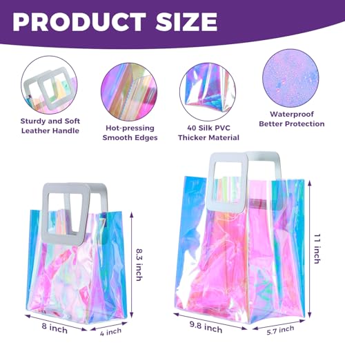 GcFoir 15 Pcs Small Iridescent Gift Bags with Handles 11''x9.8''x5.7'' Holographic Bachelorette Party Favor Bags, Clear Gift Bags with Handles, Reusable PVC Tote Goodie Bags for Party, Christmas - Image 3