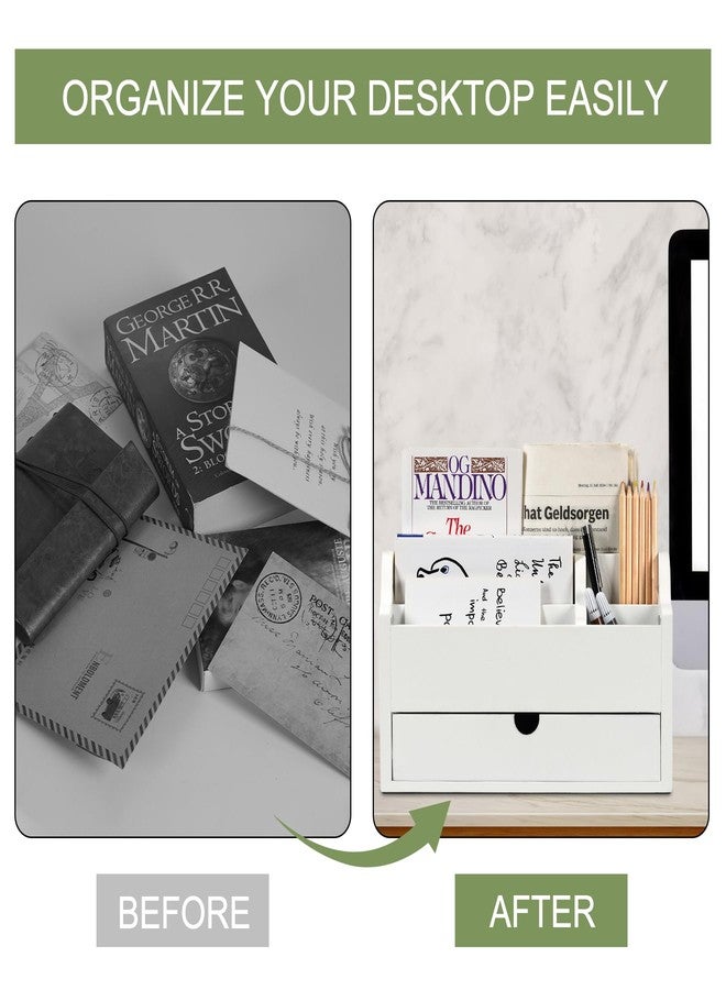 Dhmkfly Desk Organizer with Drawer Wood File Office Mail Organizer Countertop-5 Slot Tabletop Storage Pen Organizer Letter Holder for School Home Office Supplies (White) - Image 5