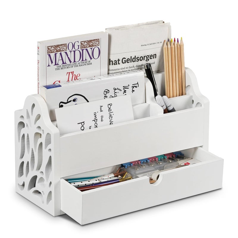 Dhmkfly Desk Organizer with Drawer Wood File Office Mail Organizer Countertop-5 Slot Tabletop Storage Pen Organizer Letter Holder for School Home Office Supplies (White) - Image 1