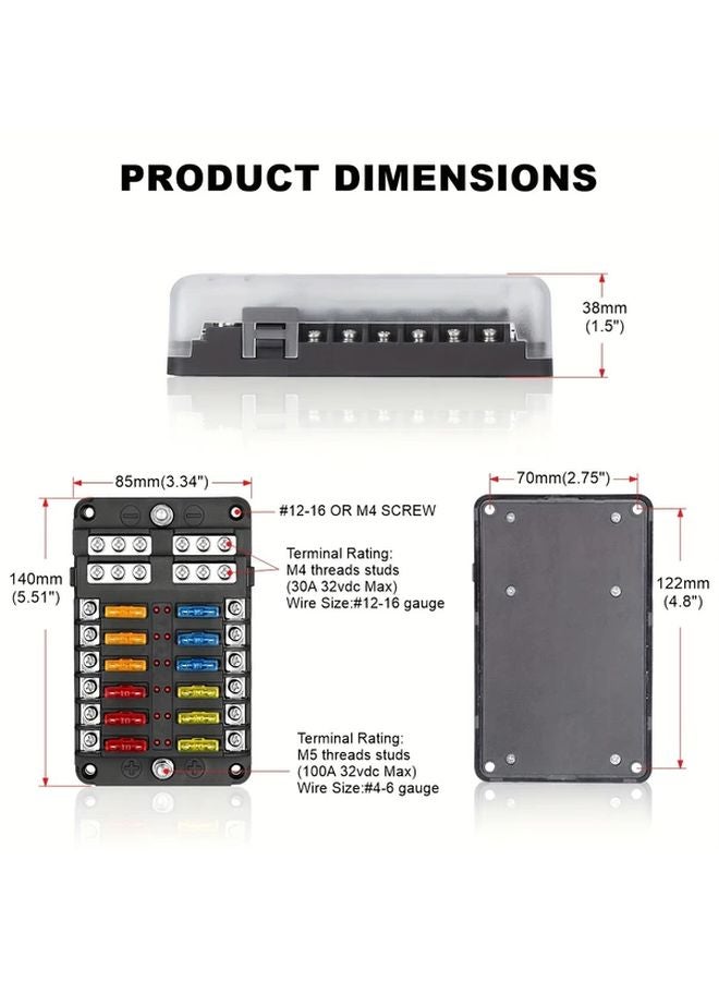 12 Way 12V 24V 100A Blade Fuse Box With LED Warning Light Copper Material For Car Boat Marine Truck - Image 4