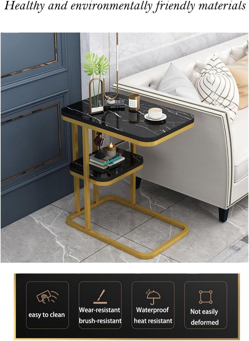 C Shaped End Table, 2-Tier Sturdy C Table with Storage Narrow Side Table for Living Room Bedroom with Metal Frame, Industrial Small Bedside Table Sofa Couch Table for Small Space