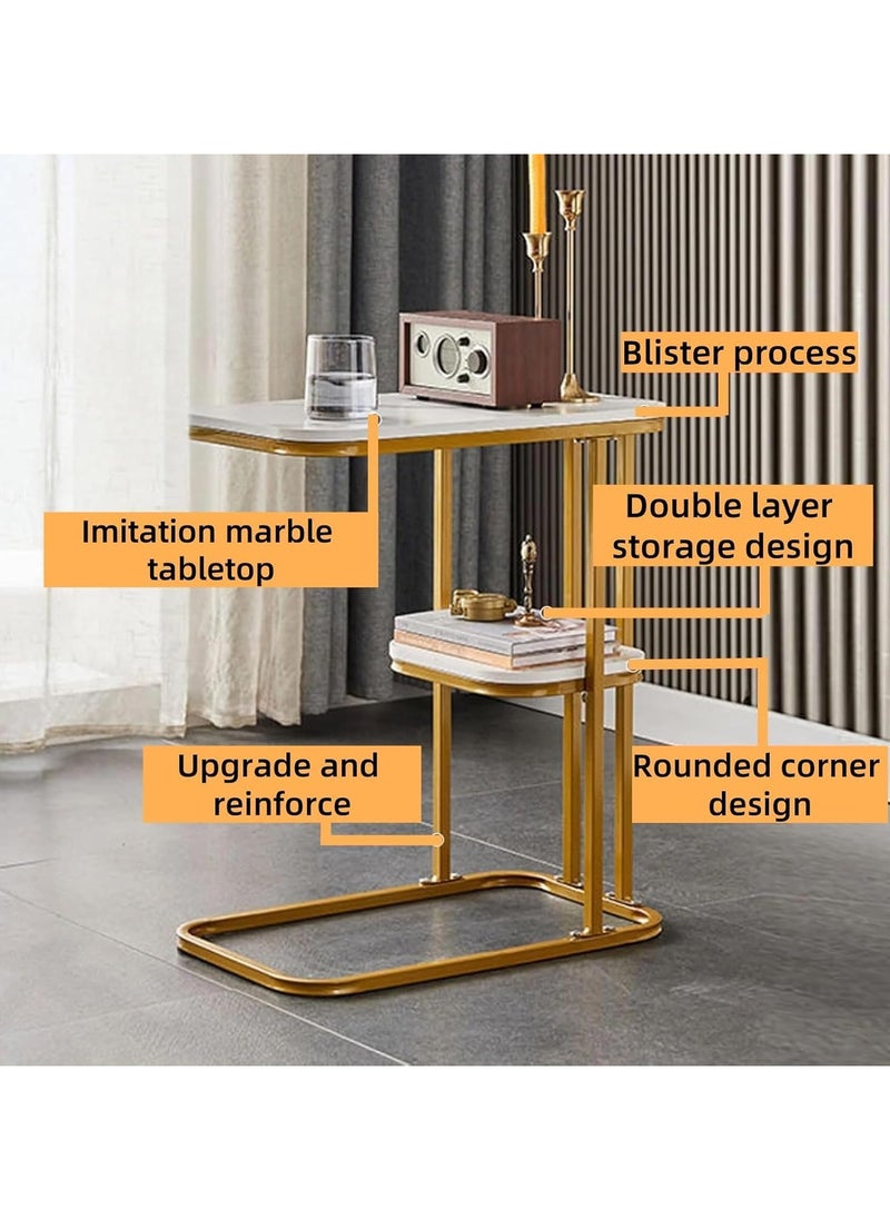 C Shaped End Table, 2-Tier Sturdy C Table with Storage Narrow Side Table for Living Room Bedroom with Metal Frame, Industrial Small Bedside Table Sofa Couch Table for Small Space