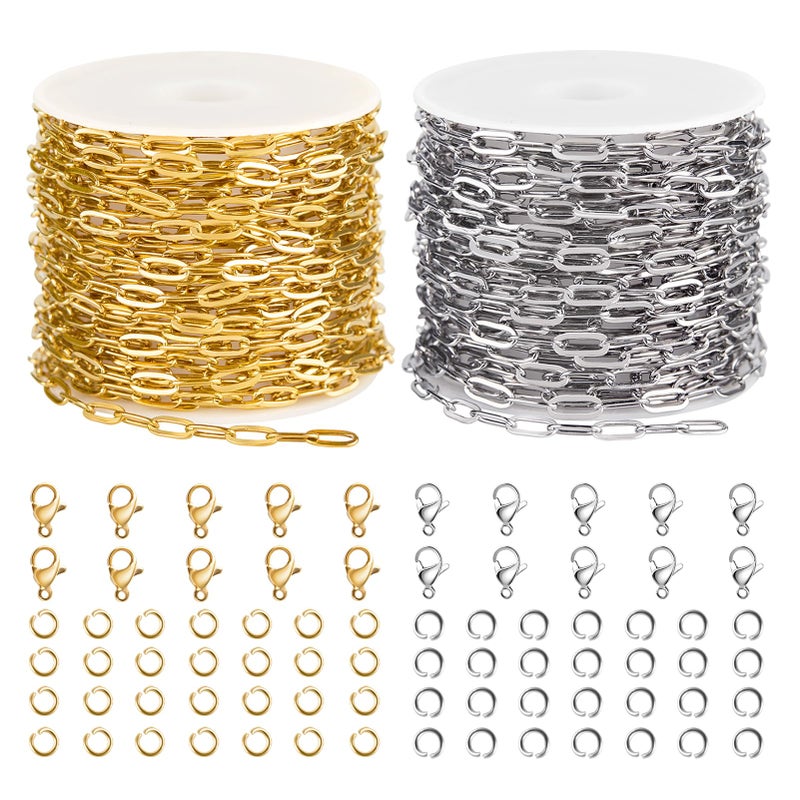 UMAOKANG 2 Rolls Stainless Steel Chains for Jewelry Making 328 Feet Paperclip Chain on Spool with Jewelry Findings
