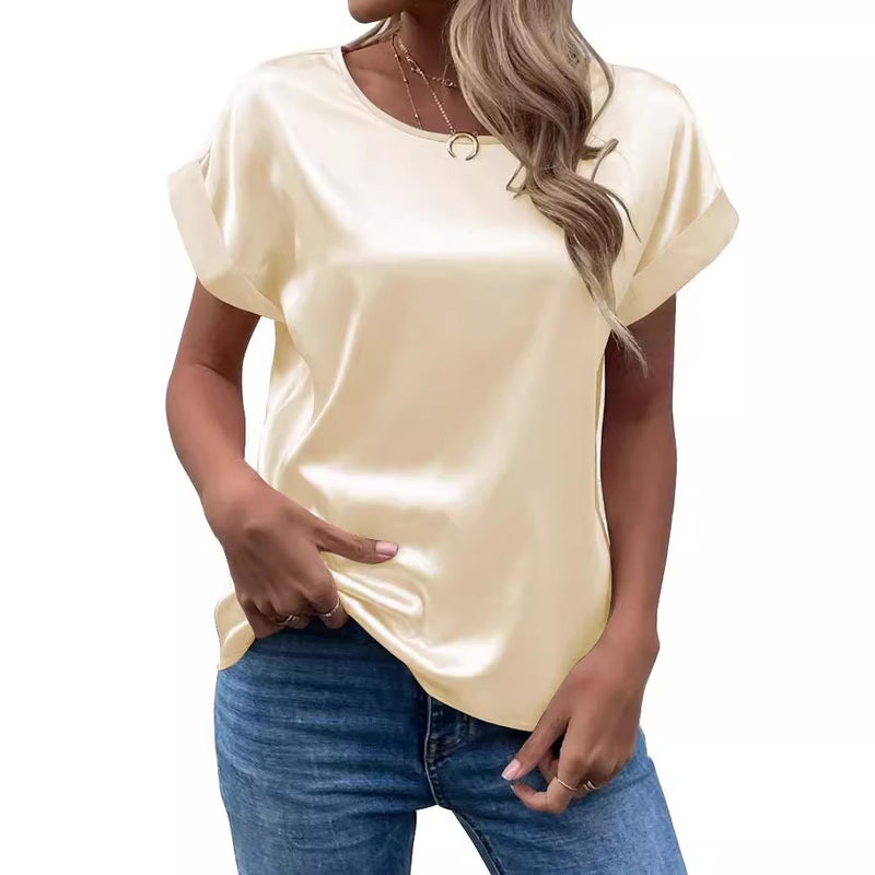Fashion 2025 Summer Source Ol Temperament Sade Pullover Round Neck Straight Tube Women'S T-Shirt Primary Source - Image 4