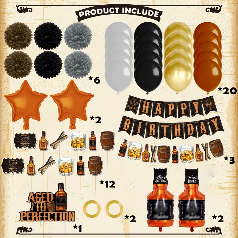 BORAMDO Whiskey Birthday Party Decorations for Men - Aged to Perfection Supplies including Birthday Banner, Cake Toppers, Foil Balloons, Tissue Paper Flowers (brown) - Image 2
