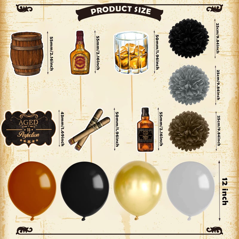 BORAMDO Whiskey Birthday Party Decorations for Men - Aged to Perfection Supplies including Birthday Banner, Cake Toppers, Foil Balloons, Tissue Paper Flowers (brown) - Image 4