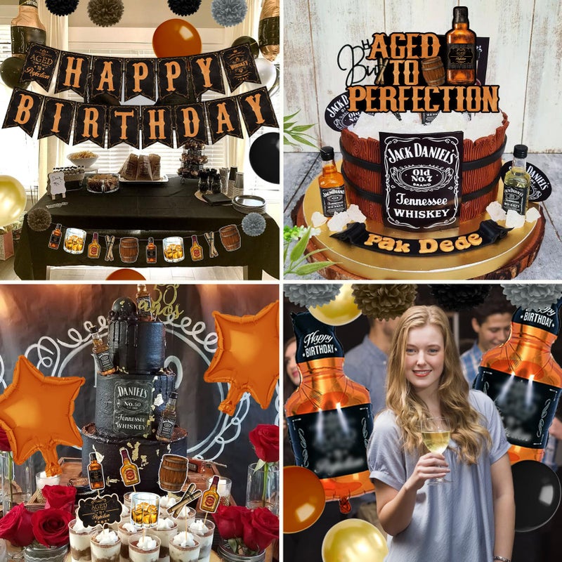 BORAMDO Whiskey Birthday Party Decorations for Men - Aged to Perfection Supplies including Birthday Banner, Cake Toppers, Foil Balloons, Tissue Paper Flowers (brown) - Image 5