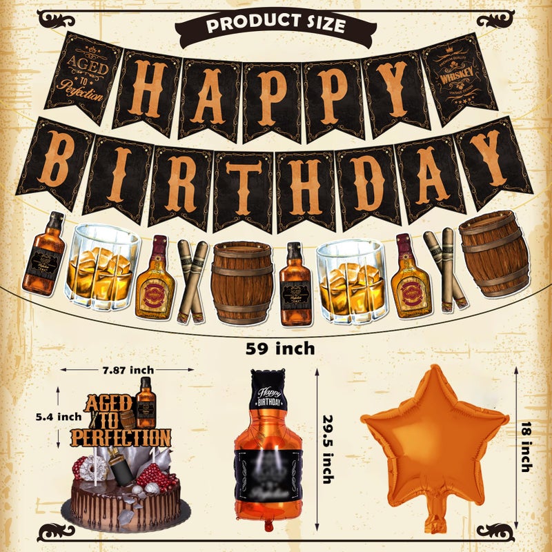 BORAMDO Whiskey Birthday Party Decorations for Men - Aged to Perfection Supplies including Birthday Banner, Cake Toppers, Foil Balloons, Tissue Paper Flowers (brown) - Image 3
