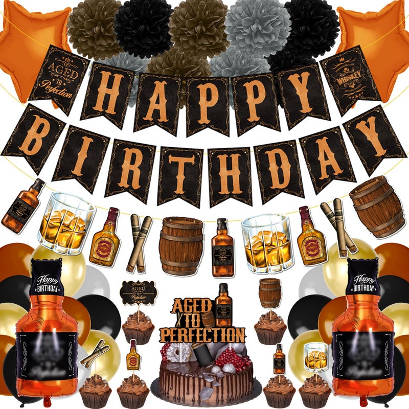 BORAMDO Whiskey Birthday Party Decorations for Men - Aged to Perfection Supplies including Birthday Banner, Cake Toppers, Foil Balloons, Tissue Paper Flowers (brown) - Image 1