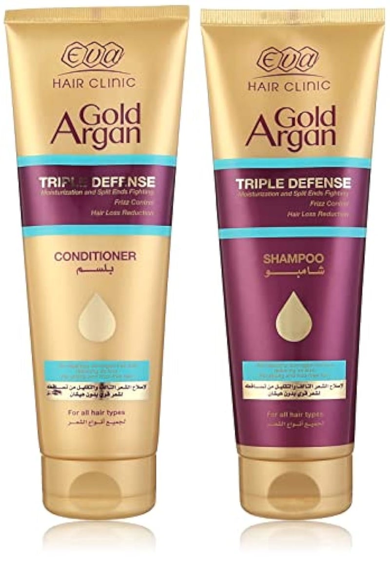 Eva Hair Clinic Gold Argan Heat Protectant 200ml, Conditioner 230ml Shampoo 230ml - Image 1