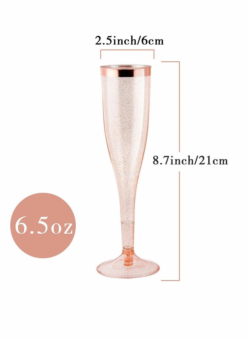KASTWAVE Plastic Drink Flutes Disposable, Gold Rim Gold Glitter Plastic Drink Flutes Disposable for Parties Clear Plastic Cups, drinks Glasses, Wedding and Shower Party Supplies 12 PCS (Rose Gold)  - Image 3