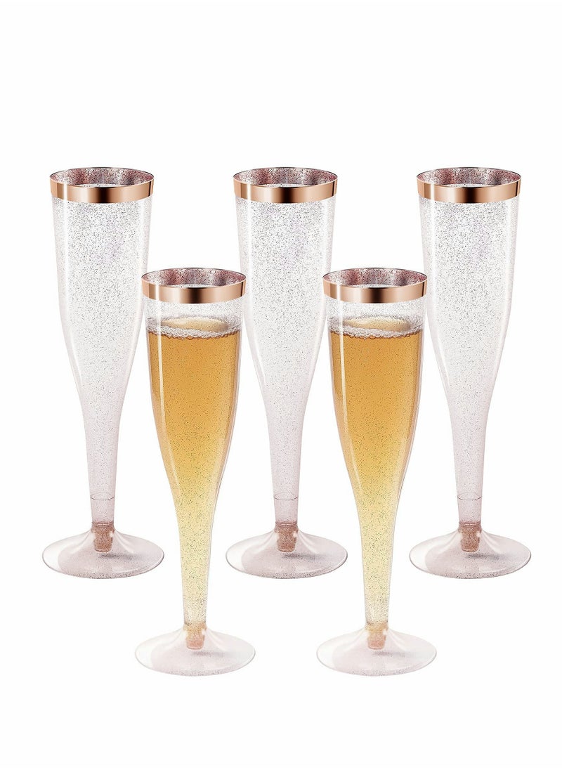 KASTWAVE Plastic Drink Flutes Disposable, Gold Rim Gold Glitter Plastic Drink Flutes Disposable for Parties Clear Plastic Cups, drinks Glasses, Wedding and Shower Party Supplies 12 PCS (Rose Gold)  - Image 1