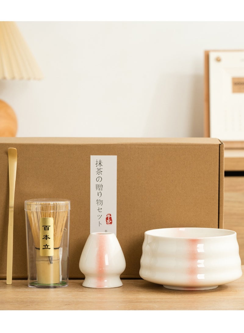 EZGOZ 4-Pieces Matcha Tea Set, Traditional Japanese Handmade Matcha Whisk Kit, Perfect for Tea Ceremony, Gift Giving, and Daily Relaxation-White&Red  - Image 1