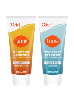 Lume Lume Whole Body Deodorant - Mini Travel Size Invisible Cream Tube - Trial Size - 72 Hour Odor Control - Doctor Developed - Aluminum and Baking Soda Free - .5oz (Pack of 2)(Toasted Coconut & Unscented)  - Image 1