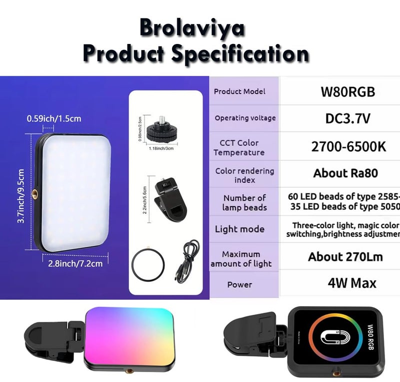 BROLAVIYA Magnetic Full RGB color LED video Light, 1800mAh Rechargeable, Adjustable Brightness, with Clip and ¼ thread, for Phones, Laptops, Cameras, Selfie, Photography, Video Conference, W 80, black - Image 5