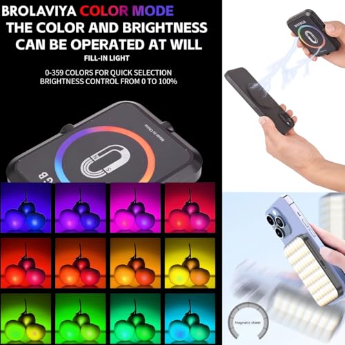 BROLAVIYA Magnetic Full RGB color LED video Light, 1800mAh Rechargeable, Adjustable Brightness, with Clip and ¼ thread, for Phones, Laptops, Cameras, Selfie, Photography, Video Conference, W 80, black - Image 4