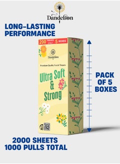 Dandelion Dandelion Ultra-Soft Facial Tissues – Total 2000 Sheets, 200 Pulls x 2 Ply, 5 Boxes, White  - Image 3