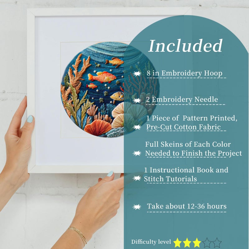 FONNUY Underwater World Embroidery Kit, Cross Stitch Coral Reefs Kits for Beginners, Handmade Crafts with Printed Patterns for Beginner Adults, Color Thread Needlework, 8'' Hoop (Sea World 2) - Image 2