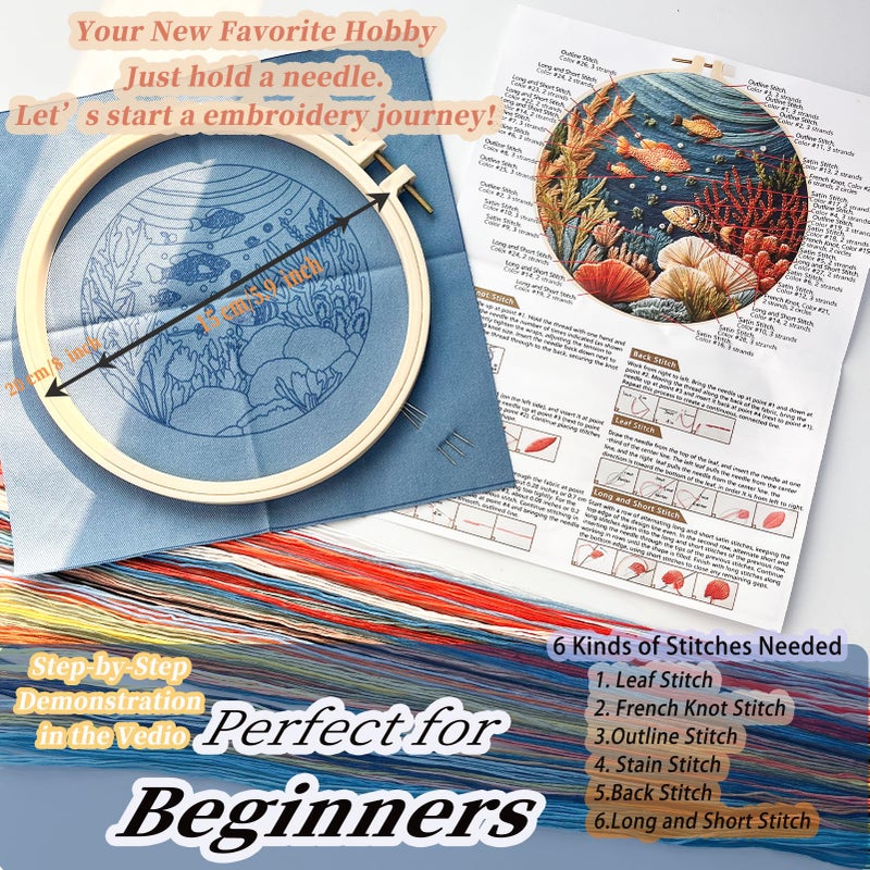 FONNUY Underwater World Embroidery Kit, Cross Stitch Coral Reefs Kits for Beginners, Handmade Crafts with Printed Patterns for Beginner Adults, Color Thread Needlework, 8'' Hoop (Sea World 2) - Image 5