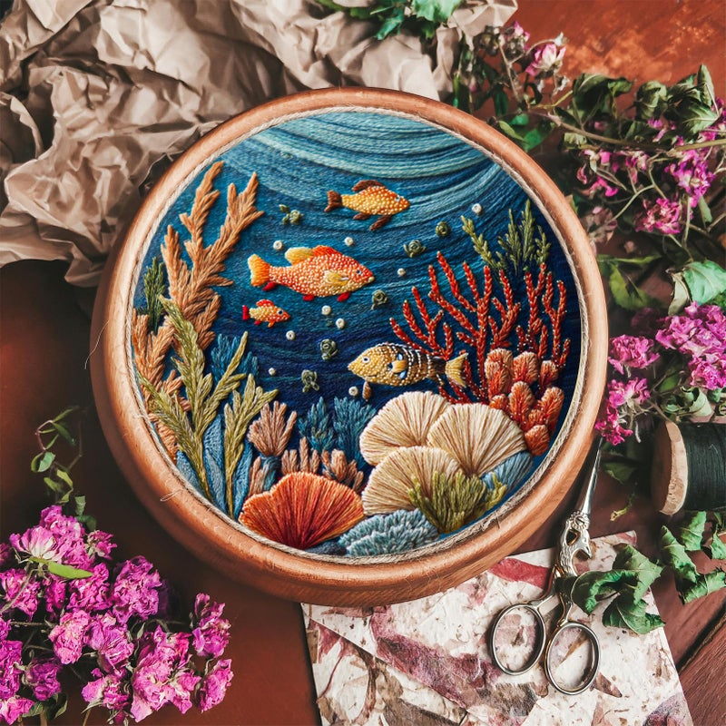 FONNUY Underwater World Embroidery Kit, Cross Stitch Coral Reefs Kits for Beginners, Handmade Crafts with Printed Patterns for Beginner Adults, Color Thread Needlework, 8'' Hoop (Sea World 2) - Image 4