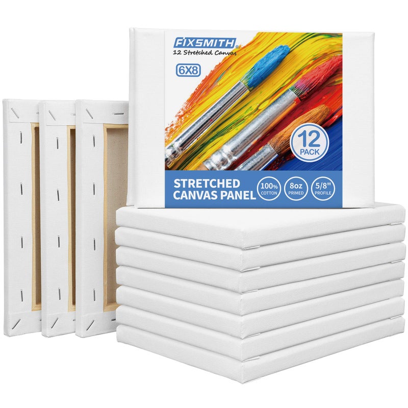 FIXSMITH Stretched Canvas 6x8 Inch Bulk Pack of 12 White Blank Canvases for Painting Primed100 Cotton58 Inch Profile of Super Value Pack for AcrylicsOils  Other Painting Media