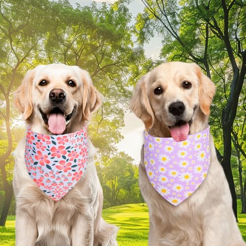 Agroon Spring Dog Bandanas Girl Large 2PCS, Purple Pink Daisy Summer Scarf, Durable Triangle Reversible Spring Bibs Handkerchief for Puppy Pet - Image 4