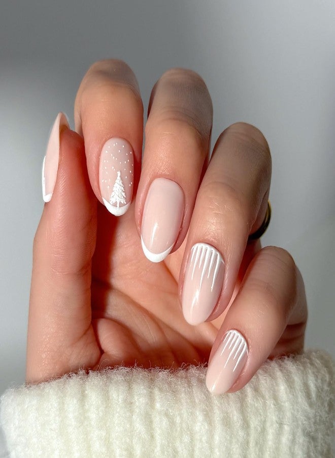 Glamnetic Press On Nails - Winter’s Tale | Short Oval Fake Nails with White French Tips, 3D Tree & Snow Design, Glossy Finish, Salon Quality Winter Nails | 15 Sizes, 30 Nail Kit with Glue - Image 1