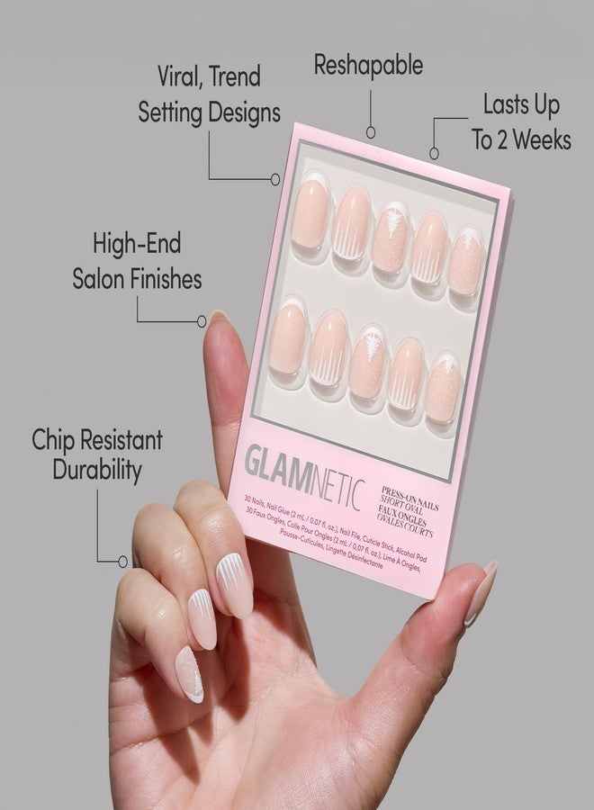 Glamnetic Press On Nails - Winter’s Tale | Short Oval Fake Nails with White French Tips, 3D Tree & Snow Design, Glossy Finish, Salon Quality Winter Nails | 15 Sizes, 30 Nail Kit with Glue - Image 3