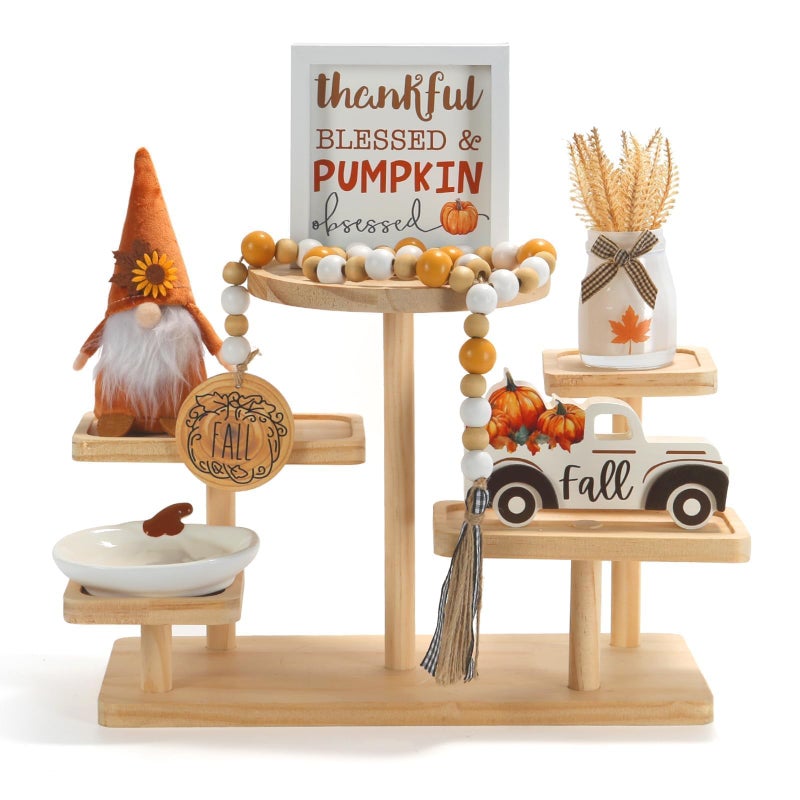 SYNCVIBE Thanksgiving Decorations for Home 6PCS Tiered Tray Decor Set, Tabletop Fall Decor for Tray Shelf Mantel Fire Place Office Desk Thanksgiving Autumn Table Centerpieces Pumpkin Farmhouse Wood Signs - Image 1