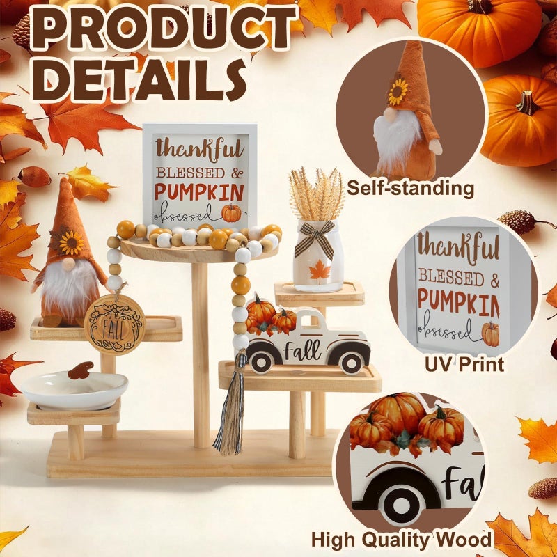 SYNCVIBE Thanksgiving Decorations for Home 6PCS Tiered Tray Decor Set, Tabletop Fall Decor for Tray Shelf Mantel Fire Place Office Desk Thanksgiving Autumn Table Centerpieces Pumpkin Farmhouse Wood Signs - Image 2
