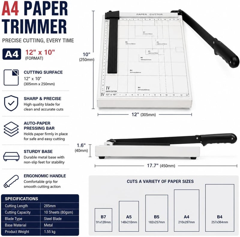 Hasanat Essentials A4 Paper Trimmer 12 x 10 Inch Heavy Duty Paper Cutter with Steel Blade - Image 2