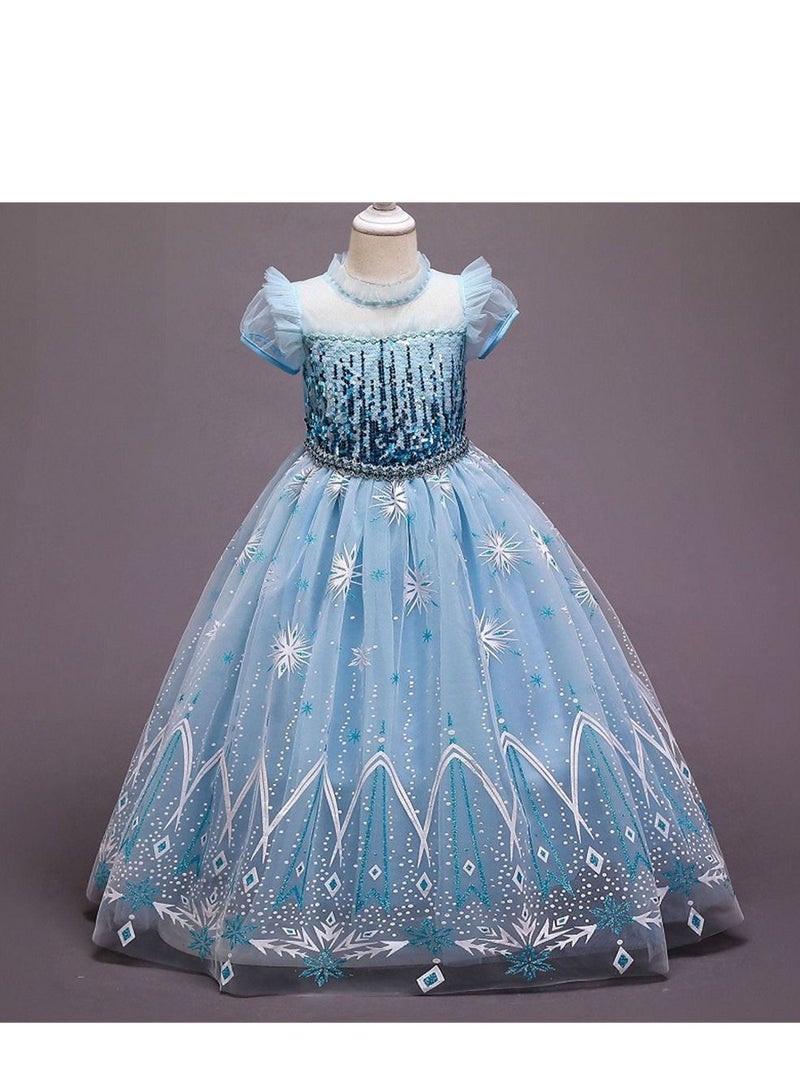 Frozen Princess Elsa Dress ，Girl Dress Up Costumes with Sequins, Printed Dress Hem，Elegant Cute Lightweight and Comfortable（Blue） - Image 1
