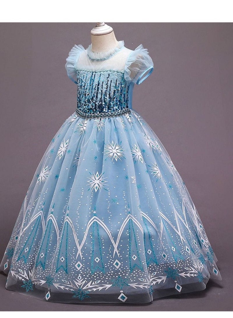 Frozen Princess Elsa Dress ，Girl Dress Up Costumes with Sequins, Printed Dress Hem，Elegant Cute Lightweight and Comfortable（Blue） - Image 3