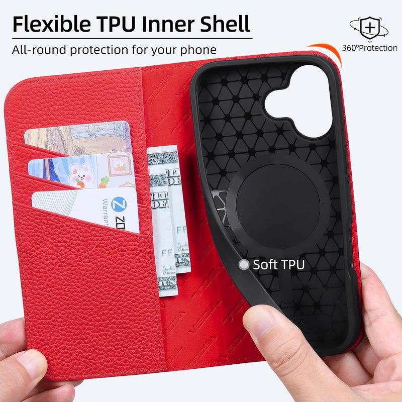 VISOUL Genuine Leather Wallet Case for iPhone 17 6.3-inch 5G 2025, RFID Blocking, Magnetic, Wireless Charging, 3 Card Holders, Kickstand, Shockproof TPU Shell, Protective-Black+Red - Image 3