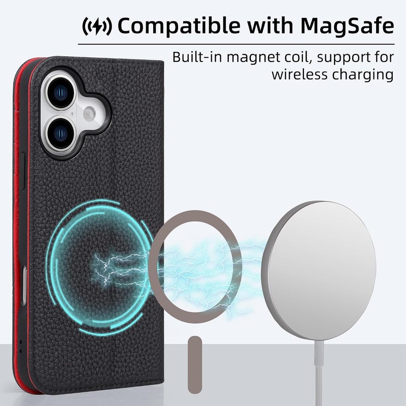 VISOUL Genuine Leather Wallet Case for iPhone 17 6.3-inch 5G 2025, RFID Blocking, Magnetic, Wireless Charging, 3 Card Holders, Kickstand, Shockproof TPU Shell, Protective-Black+Red - Image 5