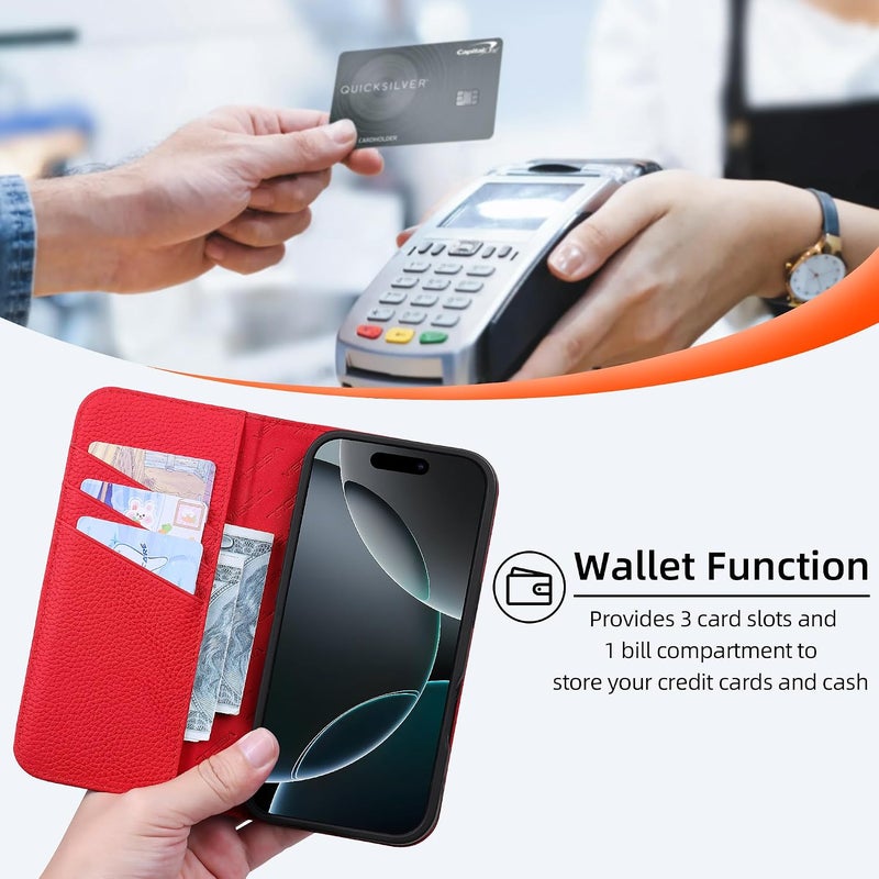VISOUL Genuine Leather Wallet Case for iPhone 17 6.3-inch 5G 2025, RFID Blocking, Magnetic, Wireless Charging, 3 Card Holders, Kickstand, Shockproof TPU Shell, Protective-Black+Red - Image 2