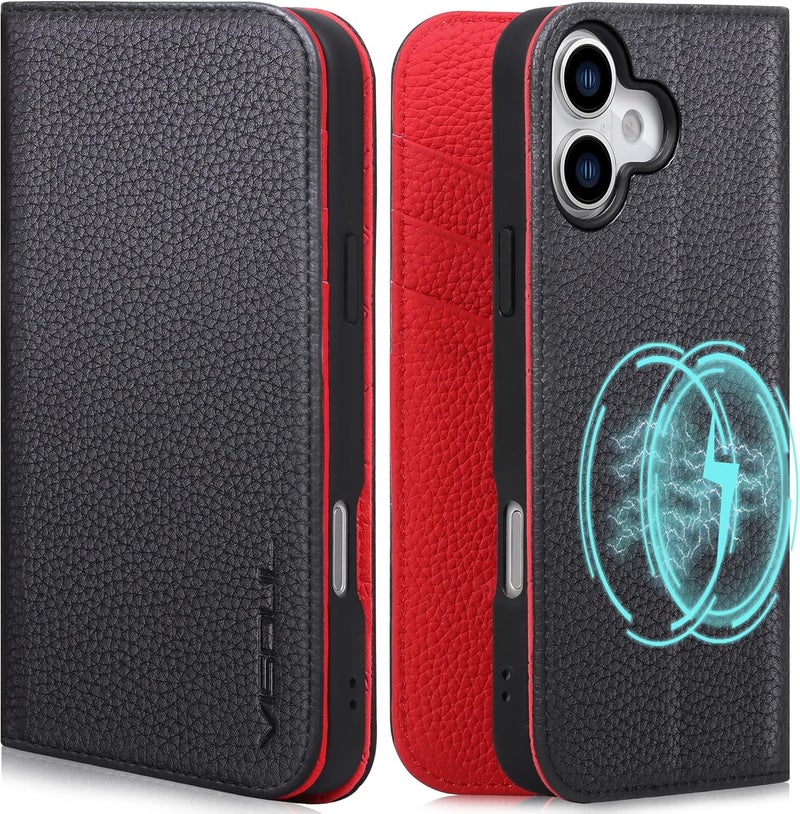 VISOUL Genuine Leather Wallet Case for iPhone 17 6.3-inch 5G 2025, RFID Blocking, Magnetic, Wireless Charging, 3 Card Holders, Kickstand, Shockproof TPU Shell, Protective-Black+Red - Image 1