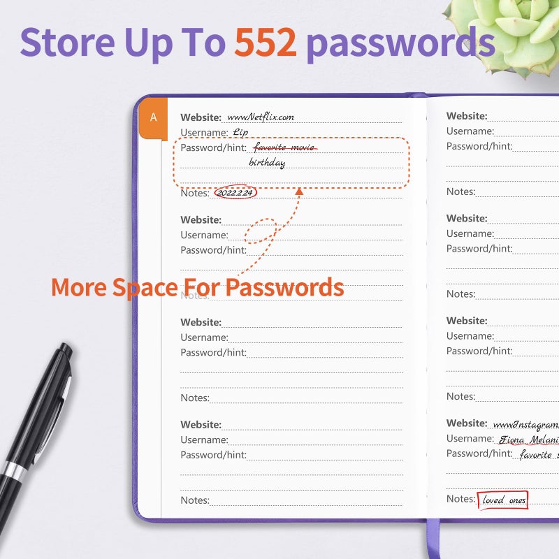 Blugool Password Book with Alphabetical Tabs, Password Keeper Book for Seniors, Hardcover Password Notebook for Individual & Colorful Tabs, Password Organizer for Website Logins, 5.3" x 7.7", Purple - Image 3