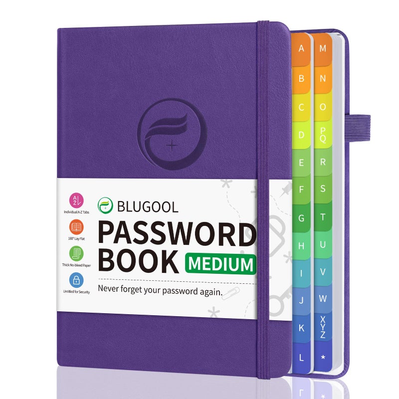 Blugool Password Book with Alphabetical Tabs, Password Keeper Book for Seniors, Hardcover Password Notebook for Individual & Colorful Tabs, Password Organizer for Website Logins, 5.3" x 7.7", Purple - Image 1
