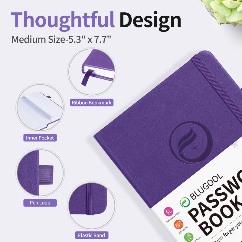 Blugool Password Book with Alphabetical Tabs, Password Keeper Book for Seniors, Hardcover Password Notebook for Individual & Colorful Tabs, Password Organizer for Website Logins, 5.3" x 7.7", Purple - Image 4