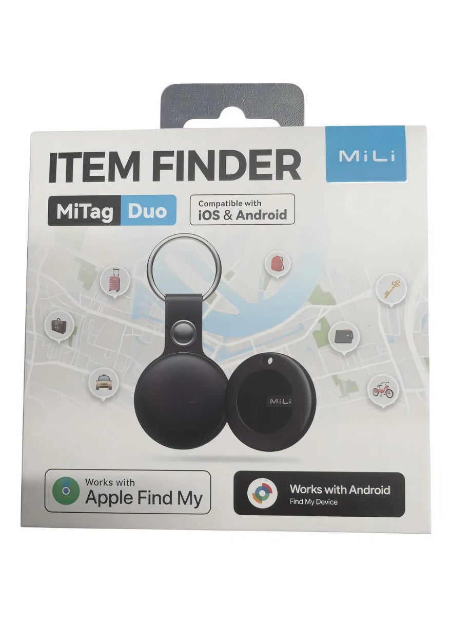 Mili MiTag Duo Object Locator Tracker for Android and iOS with Keychain, Black Color – MiTag Duo Bluetooth Tracker for iOS or Android, Smart Air Tracking Tag / Key Finder / Luggage Tracker / Item Locator, Compatible with iOS Find My or Google Find Hub App, IP67 Waterproof