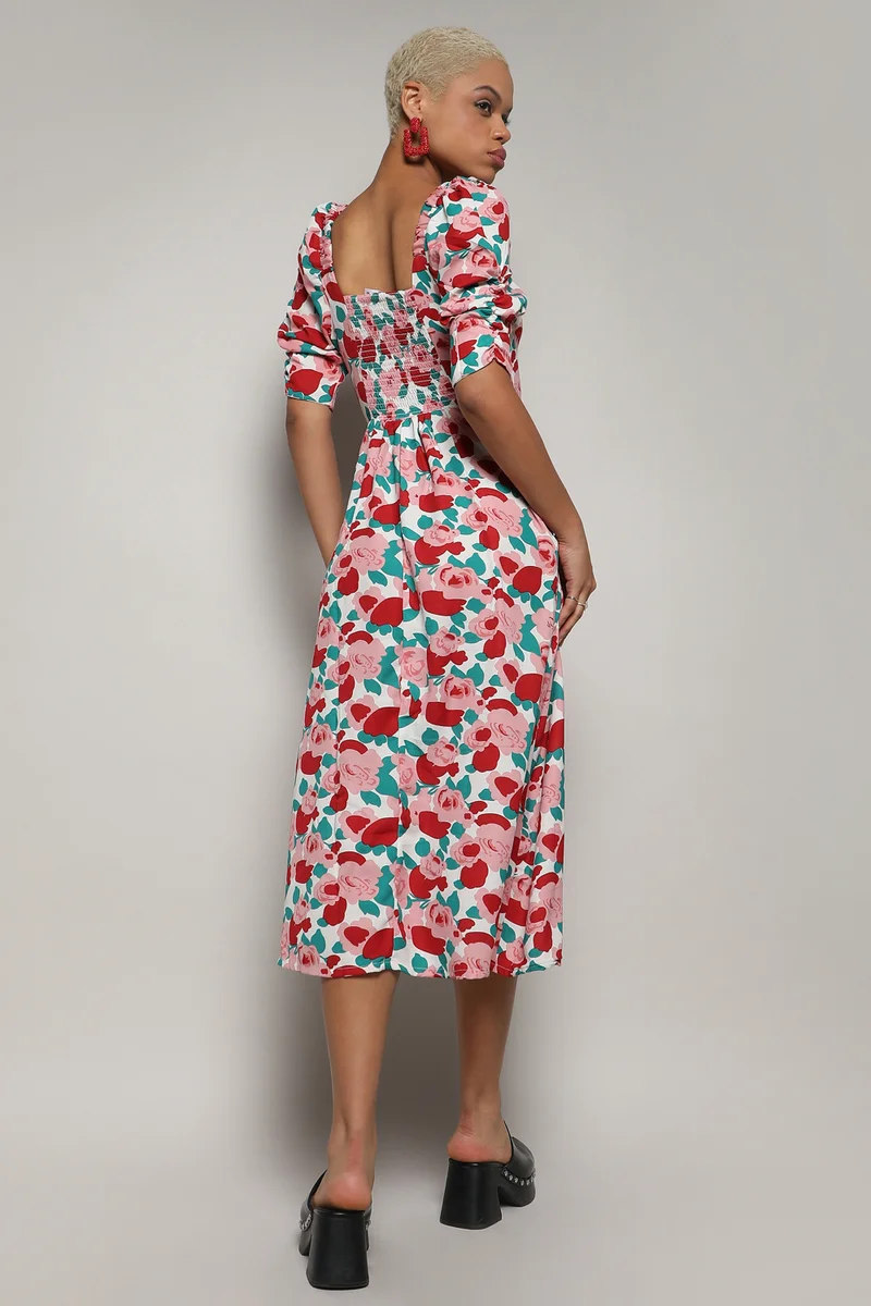 كامبوس سوترا Women's Crimson Red & White Rose Cluster Dress