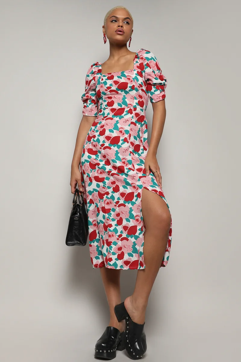 كامبوس سوترا Women's Crimson Red & White Rose Cluster Dress